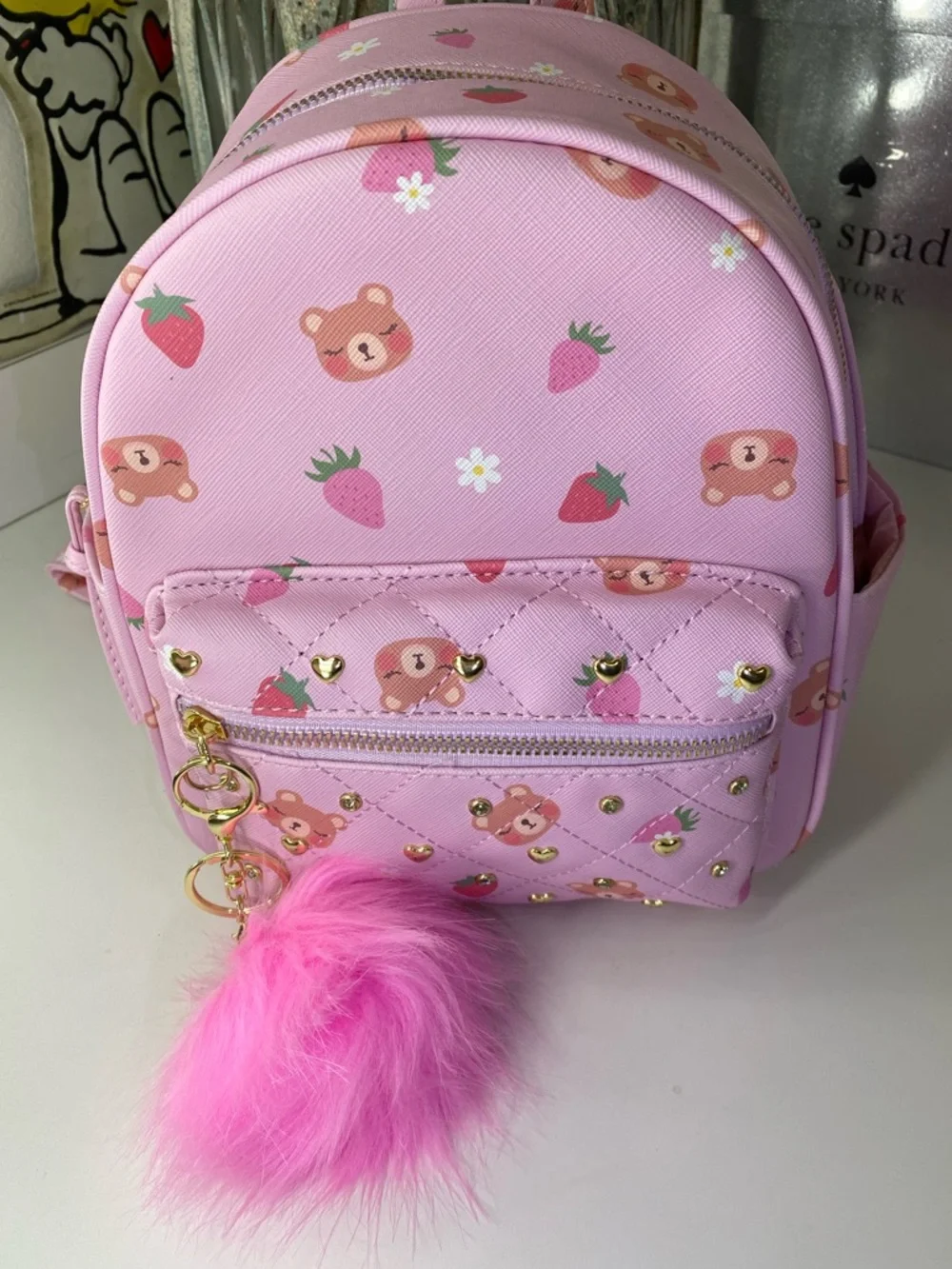 Under One Sky Pink Bear & Strawberry Mini Backpack with Pink Pom Charm EUC